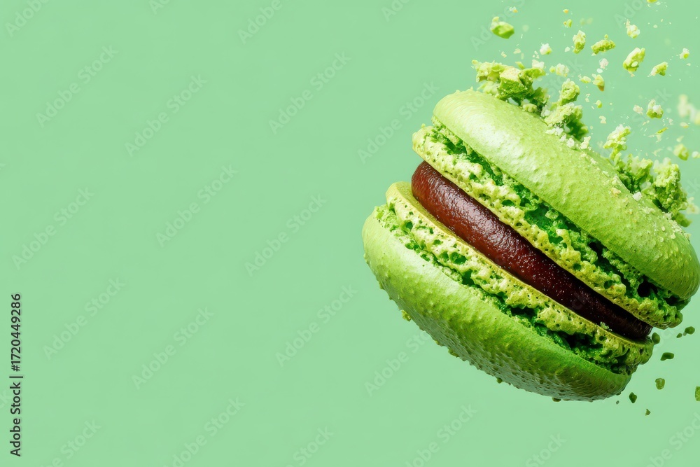 Poster exquisite green macaron floating against a mint backdrop creating a dynamic visual explosion of flav