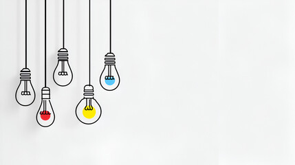 Hanging light bulbs with colorful illumination on a white background