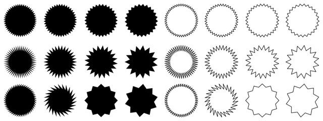 Set of black starburst and sunburst shape tags for price. Circle sticker set. Wavy edge promo badges. Price labels isolated on white background.