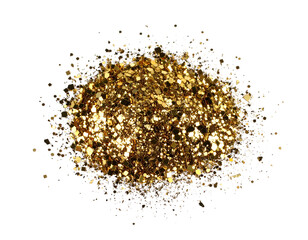 A shimmering pile of golden glitter sparkles against a dark background, creating a dazzling visual effect.