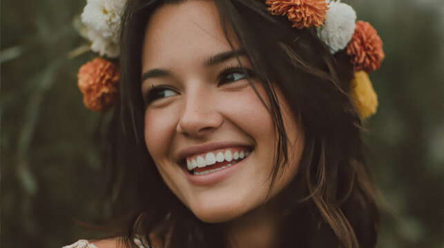 Young woman with joyful expression, adorned with floral crown made of colorful marigolds. Her long, dark hair complements vibrant flowers, creating cheerful and natural look - Powered by Adobe