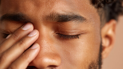 Close up of young man with closed eyes, expressing moment of contemplation or stress. His hand rests on his forehead, conveying sense of introspection and emotion