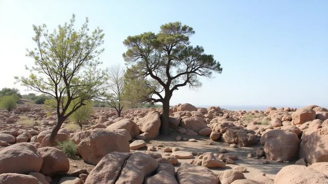 Rocky landscape with a large tree under a clear daylight sky