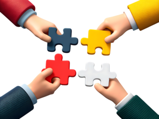 four hands holding a puzzle piece symbolizing team isolated on white background, png, ai generated