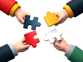 four hands holding a puzzle piece symbolizing team isolated on white background, png, ai generated