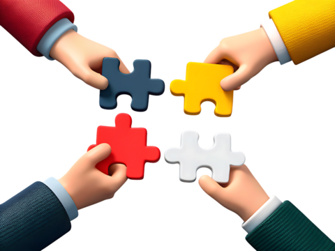 four hands holding a puzzle piece symbolizing team isolated on white background, png, ai generated - Powered by Adobe