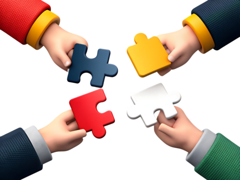 four hands holding a puzzle piece symbolizing team isolated on white background, png, ai generated