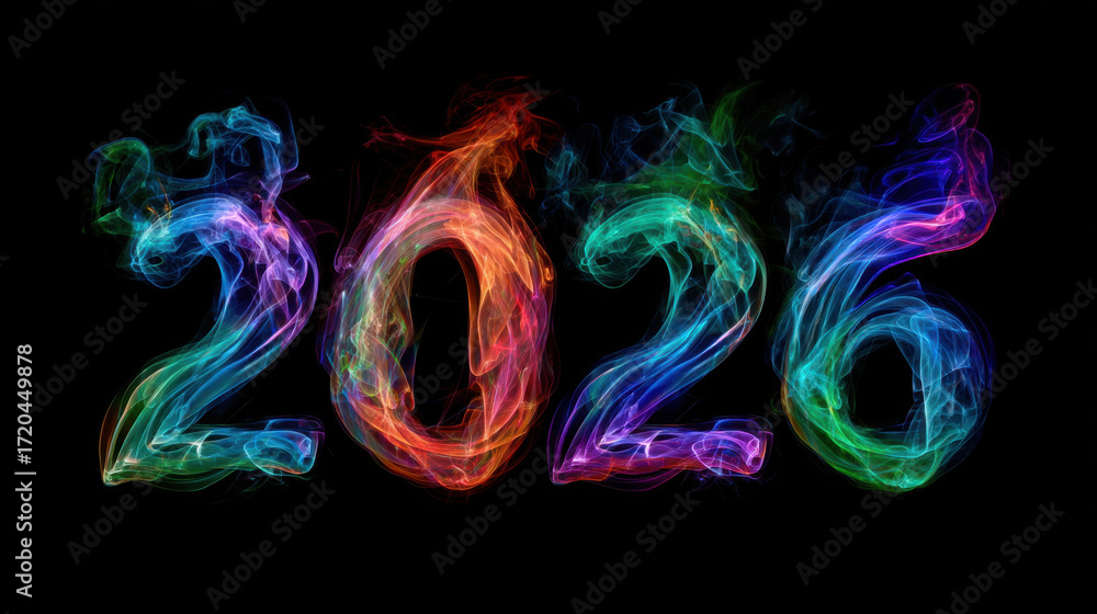 Poster colorful smoke forms numbers 2026, creating vibrant and dynamic visual effect against black backgrou
