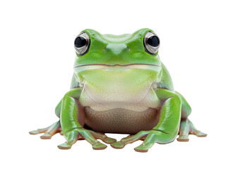 Obraz premium A vivid close-up of a vibrant green tree frog, positioned centrally against a stark black background, showcasing detailed textures and intricate patterns.
