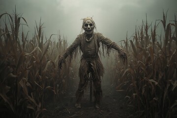 Spooky Scarecrow Silhouette in Foggy Cornfield for Halloween and Autumn Harvest