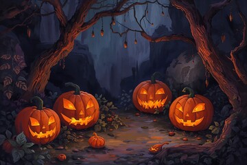 Spooky Halloween Pumpkins and Jack-o-Lanterns in a Dark Forest Night Scene with Eerie Autumn Illustration