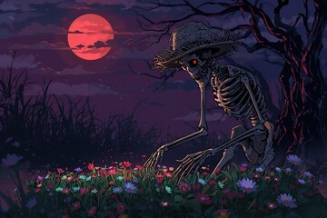 Spooky Skeleton and Scarecrow Under Moonlight in Creepy Flower Garden Halloween Graveyard Illustration