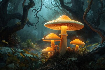 Glowing Mushrooms and Bioluminescent Fungi in an Enchanted Fantasy Forest with Mystical Ambient Light
