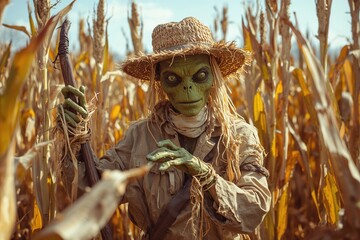 Creepy Scarecrow Monster in Rural Cornfield: Halloween Fantasy Character with Green Skin and Straw Hat