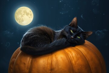 Black Cat and Pumpkin Under Full Moon in Spooky Halloween Night Sky - Festive Autumn Animal Photography