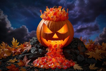 Carved Pumpkin Halloween Decoration with Candy and Leaves in Vibrant Seasonal Atmosphere Under Night Sky