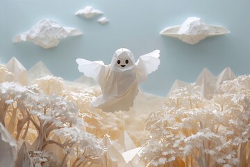 Whimsical Ghost Fantasy Landscape: 3D Paper Art with Playful Sculptural Elements in White Tones