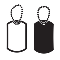 Two black and white military dog tags with chain in simple clean vector illustration