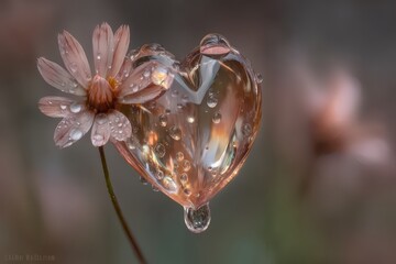 Captivating heart shaped water droplet clings tenderly to a delicate flower showcasing the harmony of nature and emotion expressed through intricate details and subtle reflections