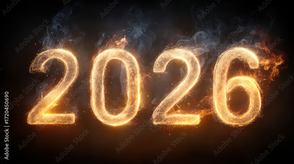 Poster 2026 in fiery flames symbolizes vibrant and dynamic future, representing hope and excitement for upc