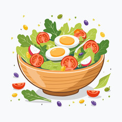 Fresh Salad with Hard Boiled Eggs in Wooden Bowl