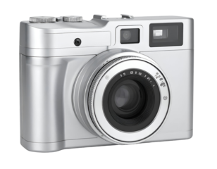A sleek silver camera with a classic design, featuring a prominent lens and manual controls for photography enthusiasts.