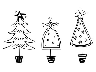 Christmas trees doodle set. Hand drawn vector elements on white background.