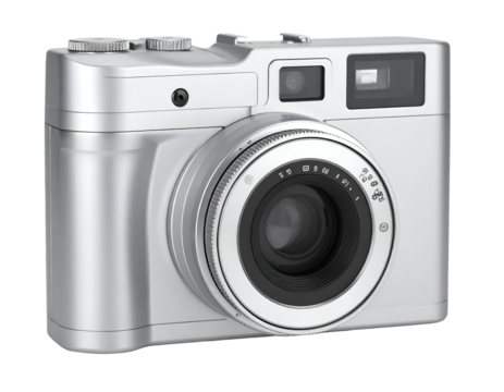 A sleek silver camera with a classic design, featuring a prominent lens and manual controls for photography enthusiasts.