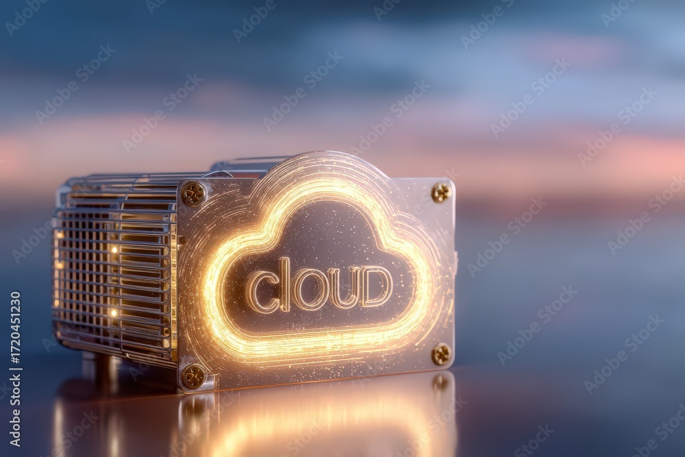 Poster innovative 3d cloud storage concept illuminated against a serene twilight backdrop emphasizing moder
