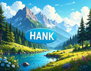 Scenic mountain valley with a river and text