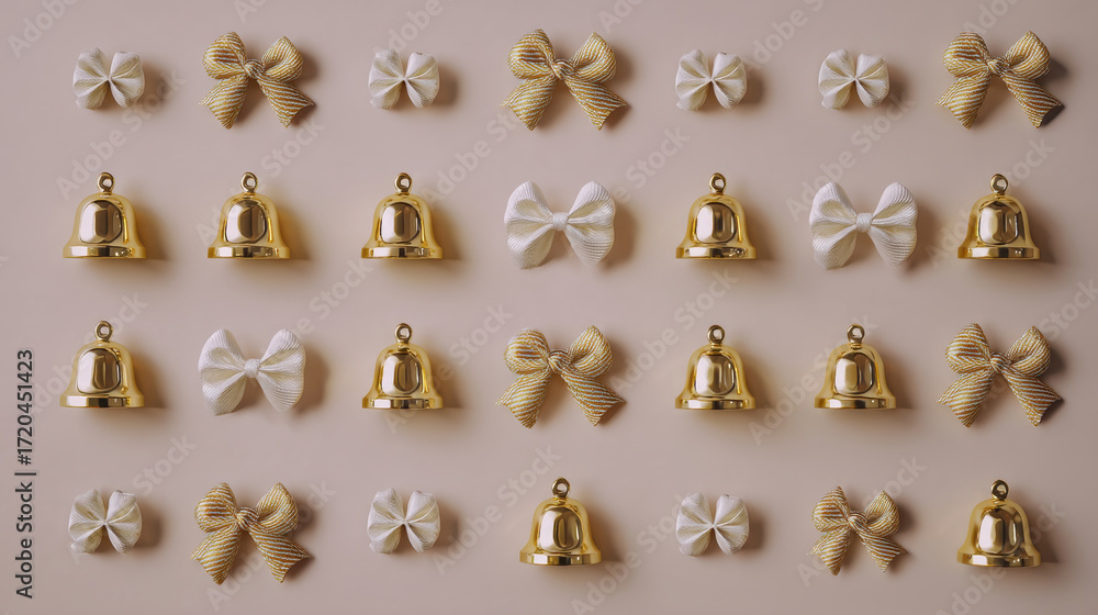 Poster golden bells and decorative bows arranged in symmetrical pattern on soft background create festive a