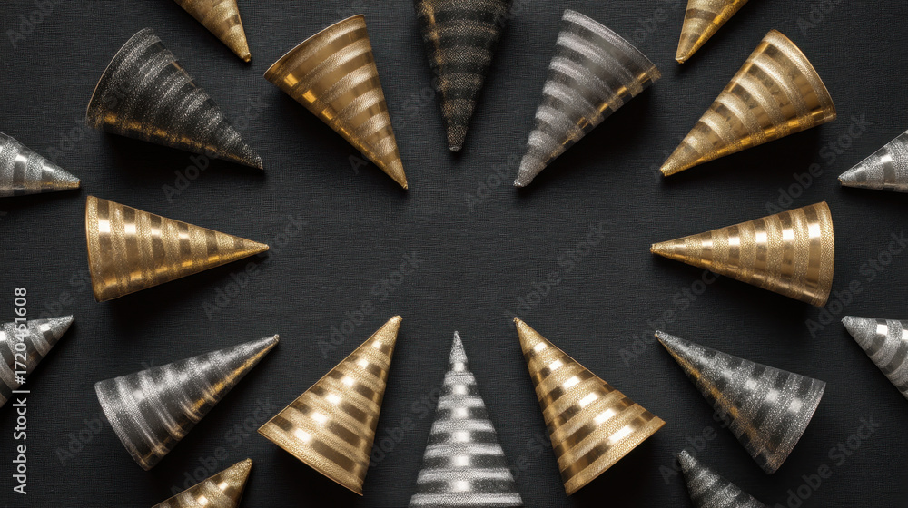 Aufkleber decorative party hats arranged in circular pattern on dark background create festive atmosphere. shi