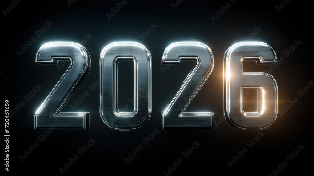 Aufkleber 2026 metallic number design with sleek and modern appearance, reflecting light and creating futurist