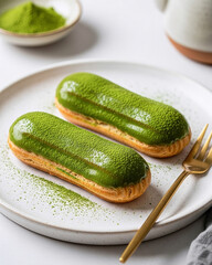 抹茶を混ぜたホワイトチョコでコーティングと抹茶パウダーを振ったエクレア