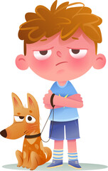 Cute little Boy with his pet dog. Grumpy and upset childish emotions face expression. Stubborn unhappy or annoyed child boy and puppy dog. Colorful kid and fun pet animal vector illustration.