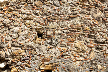Old wall in Mystras ruins on Peloponnese peninsula, Greece