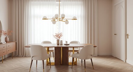 Modern Minimalist Dining Room with Round Table and Elegant Chairs in Bright Natural Light