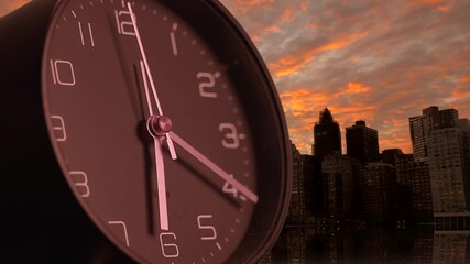 Clock Positioned Against a Beautiful City Sunset Background with Artistic Elements