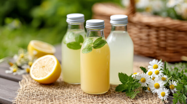 Eco friendly summer picnic scene with glass bottles of lemonade and fresh ingredients - Powered by Adobe