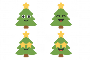 Christmas tree emoji set with various facial expressions and star eyes, celebrating winter holidays with fun emotions