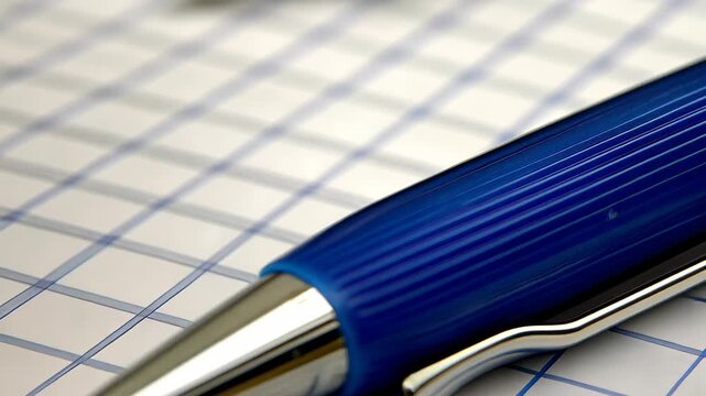 Pen on Paper: A detailed macro shot of a blue pen resting elegantly on the grid lines of a notebook, emphasizing the textures and contours of both objects.