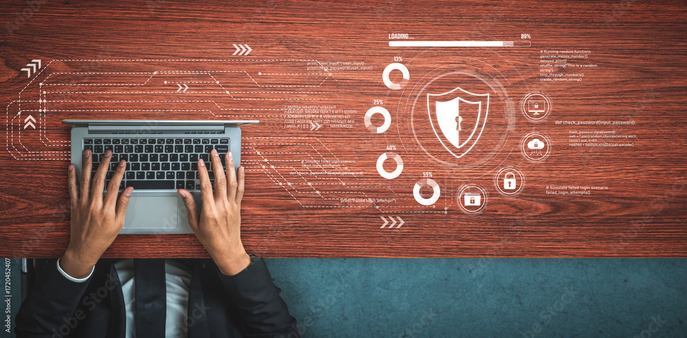 Poster cyber security protects against breaches, hacks, and network attacks using strong infrastructure and