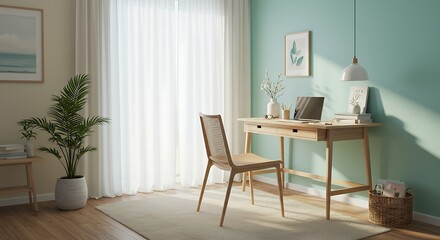 Bright Modern Home Office with Wooden Desk and Green Wall