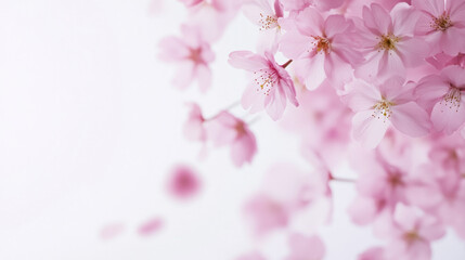 Dreamy pink cherry blossoms in soft focus falling gracefully on light background