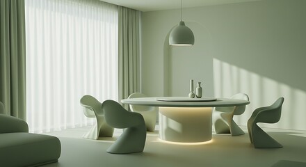 Modern Minimalist Dining Room with Round Table and Sculptural Chairs in Soft Green Tones
