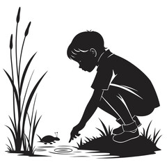 Boy crouching by frog pond silhouette