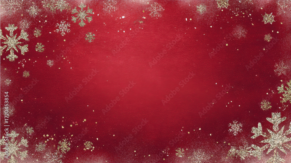 Aufkleber festive red background adorned with golden snowflakes and sparkling elements, creating cheerful atmo