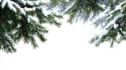 Obraz premium Snow covered evergreen branches create serene winter scene, evoking sense of calm and tranquility. fresh snow contrasts beautifully with green needles, perfect for seasonal themes