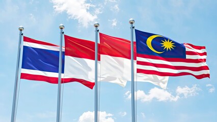 four national flags on flagpoles against a backdrop of a cloudy sky. flag of Indonesia, flag of Malaysia. flag of Thailand