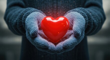 Woman in gloves holds a shiny red heart. Love, charity, health, care and romance concept.